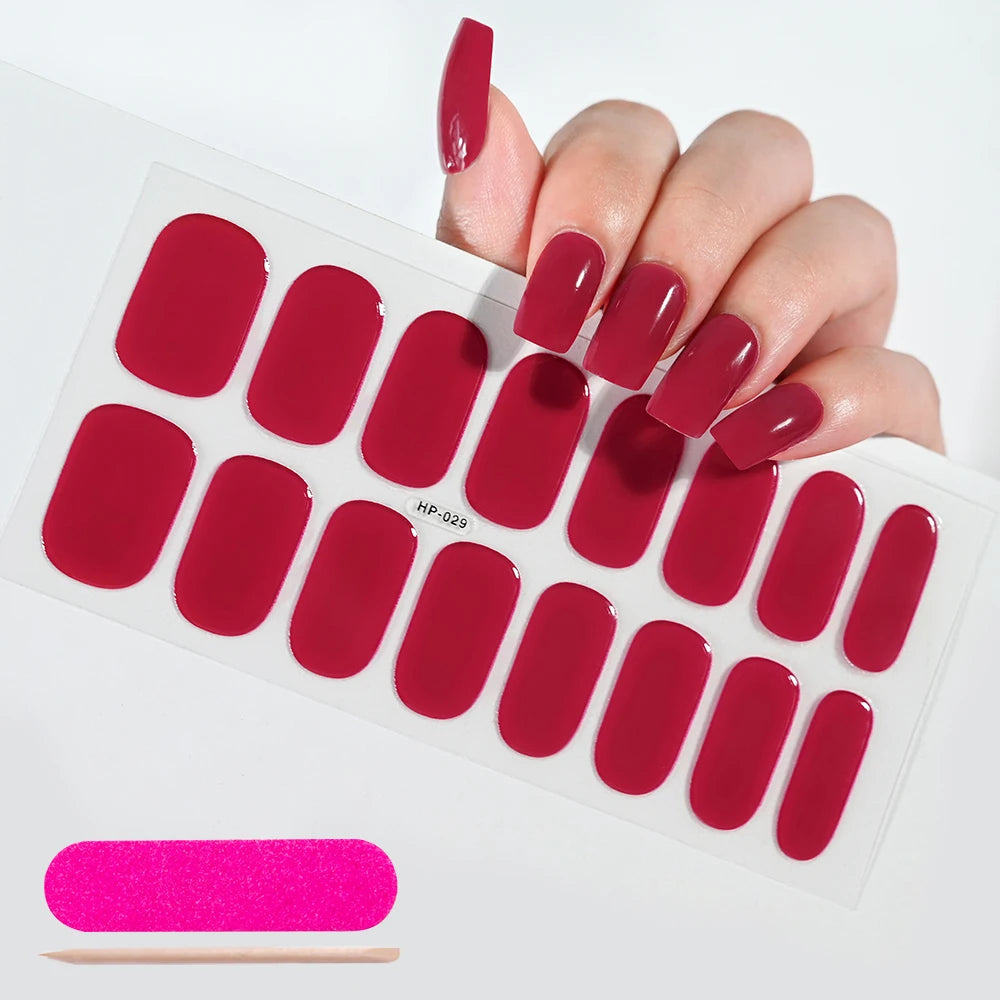 16Tips French Semi-Cured Gel Nail Wraps Sticker Pure Color Full Cover UV Gel Nail Polish Wraps Long-Lasting Nail Extension Decal