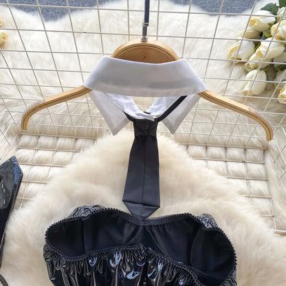 PU Leather Rabbit Girl Strapless Strapping Slim Jumpsuit Set Exotic Pornographic Lingerie Party Cosplay Bodysuit Lace-up Sexy