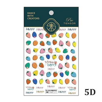 Fresh Sweet Fruits Strawberry Cherry Bowknot Love Heart Lemon 5D Nail Art Stickers Self Adhesive Decorations Nail Manicure Decal