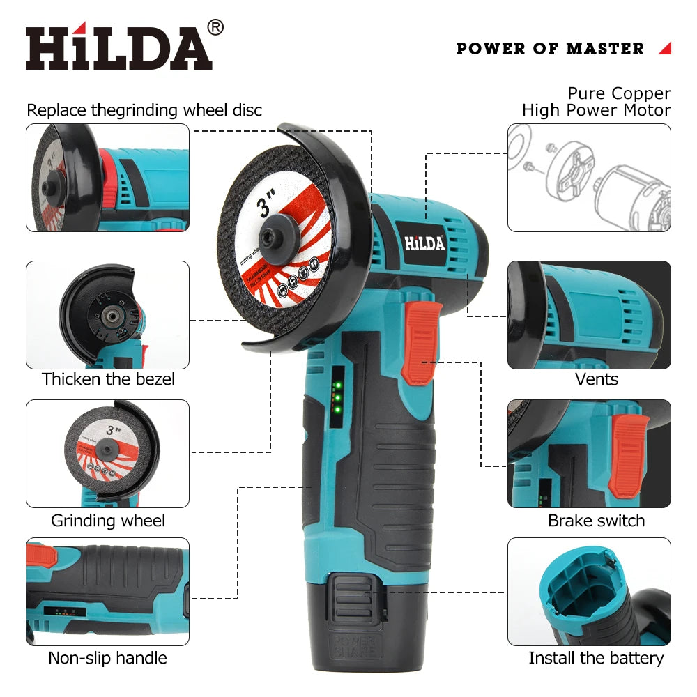 HILDA 12V/3 Inch Lithium Electric Angle Grinder Mini Small Household Handheld Cutting Machine Polishing Machine