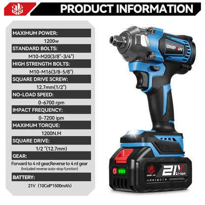 ONEVAN 1200N.M Torque Brushless 4 Gears Electric Impact Wrench 1/2 inch Cordless Screwdriver Tool for Makita 18V Battery Pin