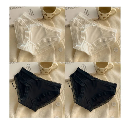 4 PCS/PACK Solid Color Women's Panties Mid-Waist Breathable Comfort Sexy Antibacterial Lace Innerwear