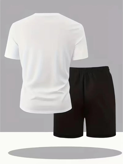 Men Fashion Print Two Piece Set Breathable Crew Neck Short Sleeve T-shirt Casual Sports Shorts Summer Outfit