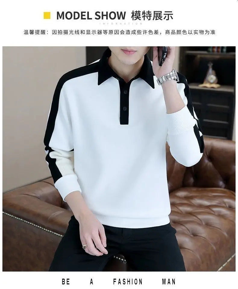 High Street Casual Men Autumn Sweatshirt Top Chic Turn-down Collar Long Sleeve Loose Winter Panelled Plus Fleece Pullover Hoodie