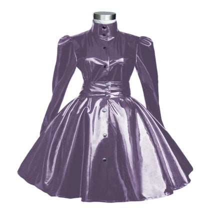 Plus Size Sweet Girl Mini Dress PVC Leather High Neck Button Pleated  A-line Dress Preppy Style Back Zipper Long Sleeve Dress