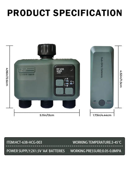 3 Zone Water Timer with, Tuya Wifi+RF433, Featuring IPX5 Waterproof, Rain Delay, Intelligent Irrigation, Suitable for the Garden