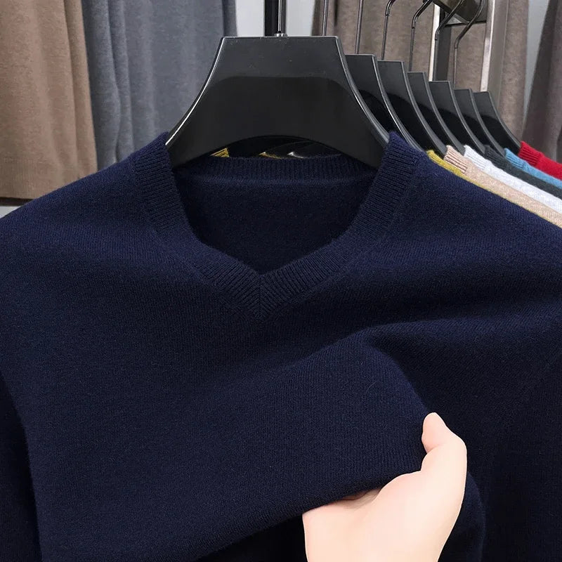 Men's V-Neck Basic Solid Color Sweatshirt Warm Autumn Knitted Oversize Pullover Elastic round Neck Sweater for Casual Wear