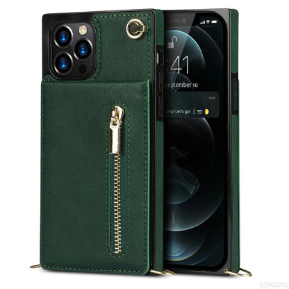 Zipper Wallet for IPhone 17 Air 16 16E 15 14 13 12 11 Pro Max Plus Case with Card Holder Lanyard Strap Crossbody Leather Cover