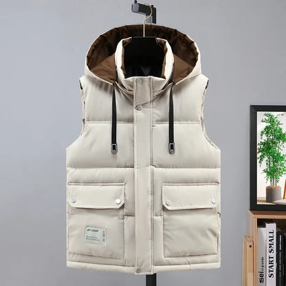 2024 Autumn Winter Men Thicken Cotton Waistcoat Sleeveless Vests Jackets Warm Detachable Hat Outerwear Male Zipper Hooded Coats
