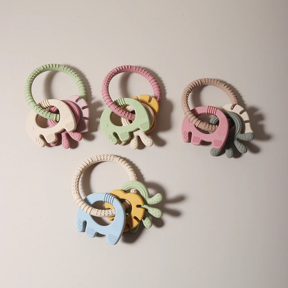 4 In One Baby Silicone Teether Ring BPA Free Rattles Bracelet Food Grade Elephant Cute Octopus Shaped Teething Ring Toys