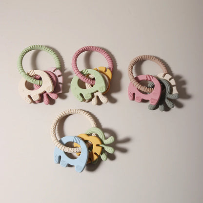 4 In One Baby Silicone Teether Ring BPA Free Rattles Bracelet Food Grade Elephant Cute Octopus Shaped Teething Ring Toys