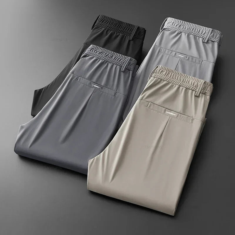 Ultra-thin Elastic Men's Casual Trousers Summer Quick-drying Ice Silk Slim Straight Business Solid Color Y2K Trousers Black Gray