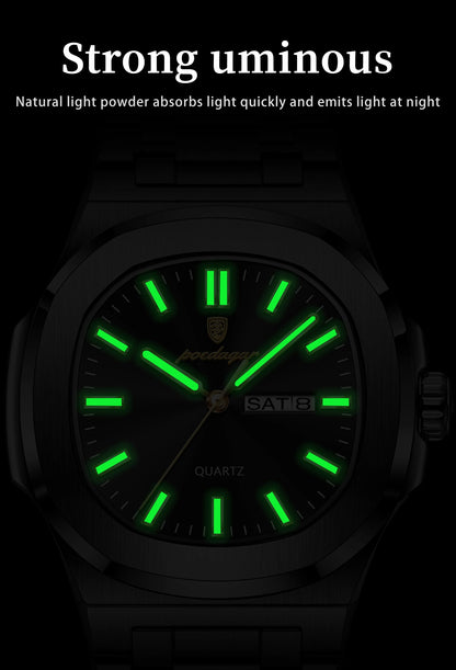 POEDAGAR Luxury Square Men's Watches Waterproof Luminous Date Week Men Watch Stainless Steel Fashion Quartz Man Wristwatch Reloj