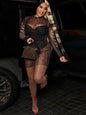 Nibber See Through Dress Women Sexy Coquette Leopard Print Full Sleeve o-Neck Stretch Wild Mini Bodycon Midnight Party Clubwear