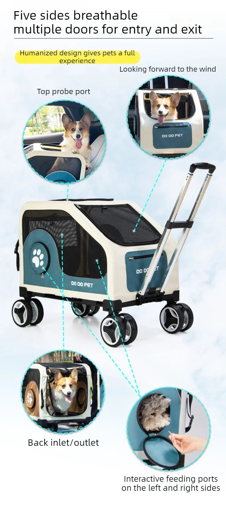 Large Pet Stroller with Telescopic Handle Silent Wheels Foldable Dog Cat Trolley Carrier Breathable Mesh Medium Pets Travel Cart