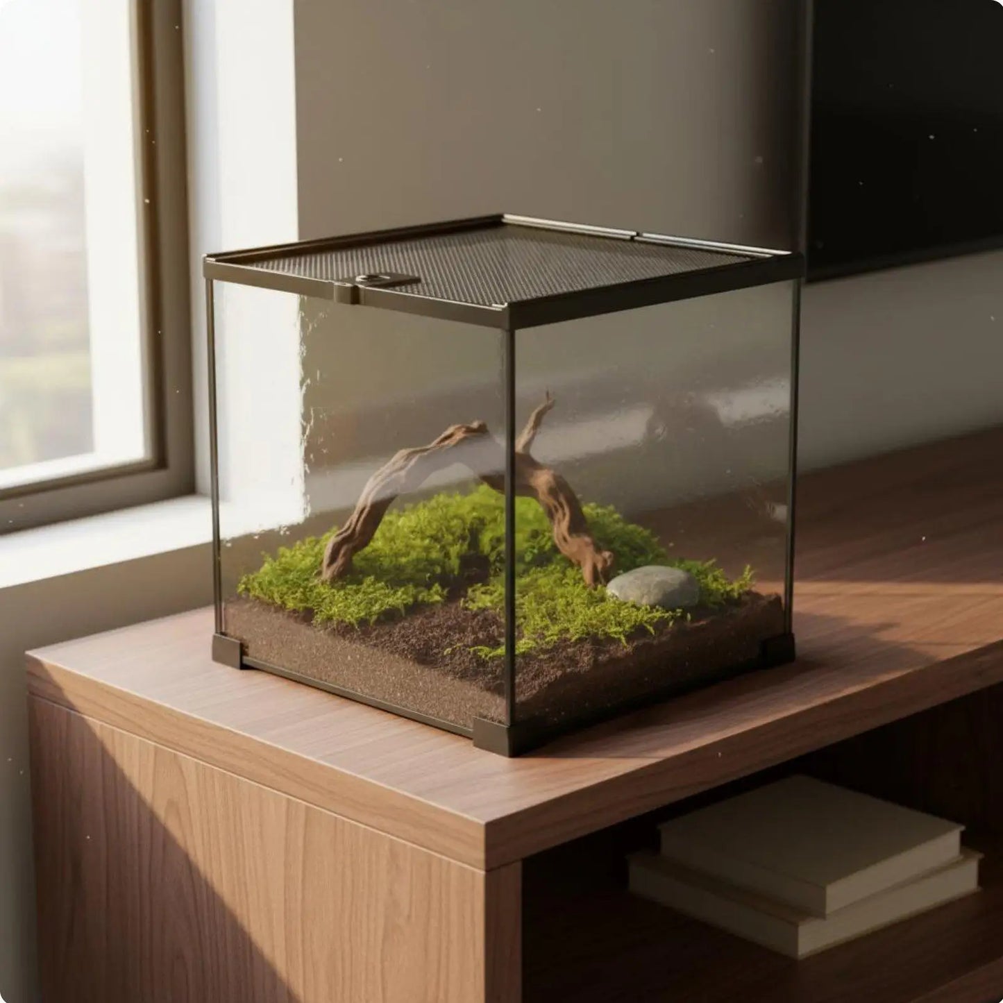 Stackable Reptile Terrarium Glass Cage Secure Mesh Lid with Heat Lamp Holder for Small Pets Display