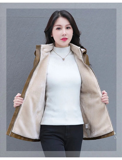 Winter Coat New Fashion Soft Leather Clothes Women's Long Sheep Leather Jacket Plus Velvet Padded Warm Coat