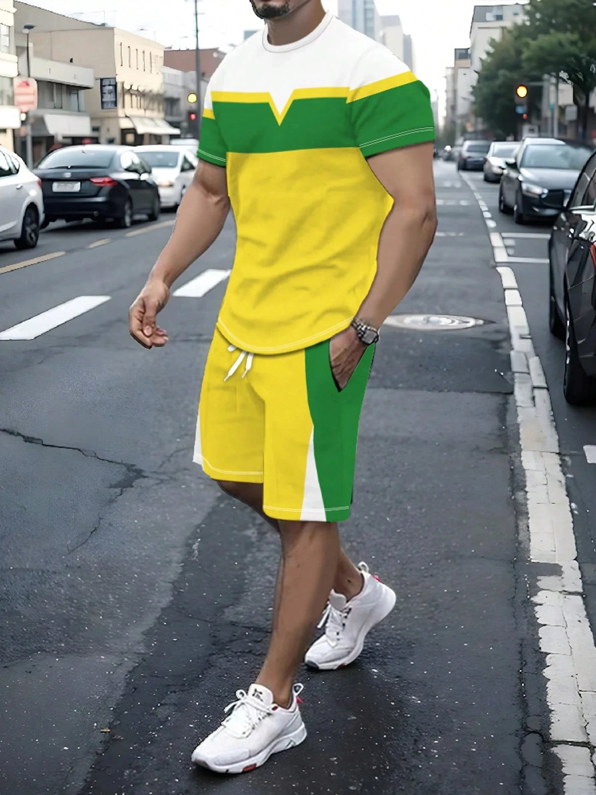Casual Stripe Printed T-shirt Shorts Set Large Size Loose Men's Short Sleeve Tee Elastic Waist Shorts 2-piece Set Sports Clothes