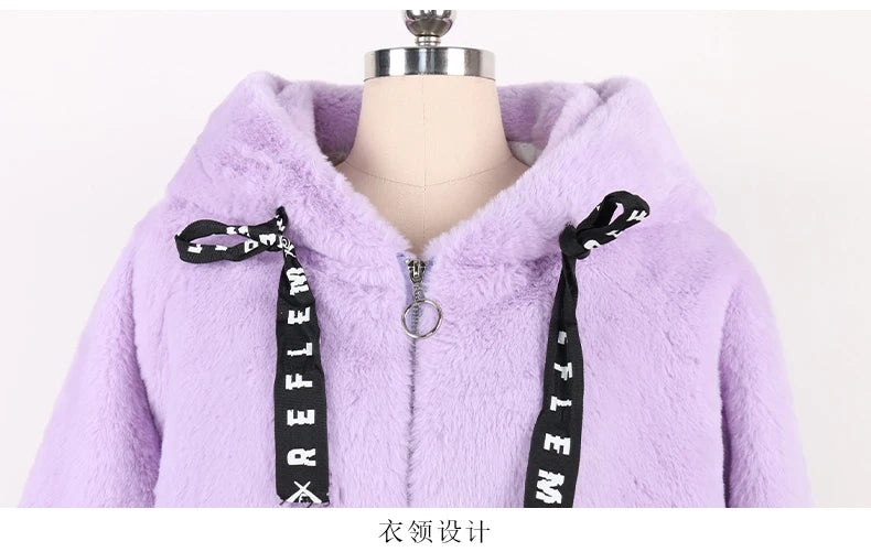 Nerazzurri Autumn Winter Sweet Cute Kawaii Soft Thick Warm Faux Fur Coat Women with Bunny Ears Cute Fluffy Jacket Hoodie 2024