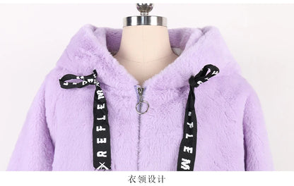Nerazzurri Autumn Winter Sweet Cute Kawaii Soft Thick Warm Faux Fur Coat Women with Bunny Ears Cute Fluffy Jacket Hoodie 2024