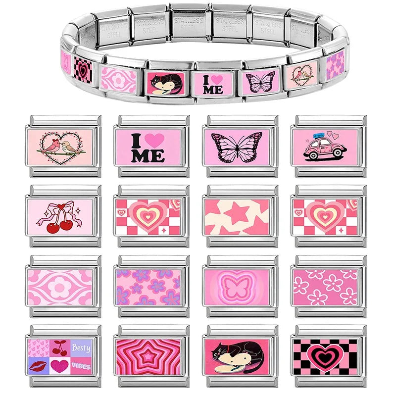 Wholesale Sweet Pink Series Stars Heart Flowers Butterfly Italian Link Fit 9mm Stainless Steel Bracelet Making DIY Charm Jewelry
