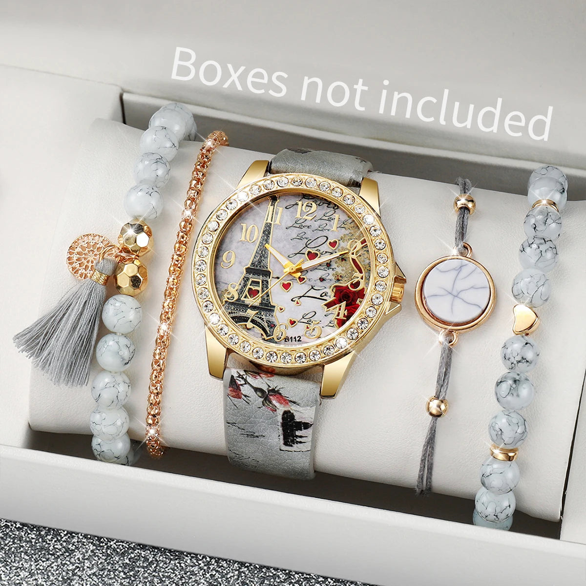 2/3/4/5PCS Fashion Rhinestone Women's Watch Flowers Printed Leather Band Female Quartz Watches Bracelets Set（Without Box）