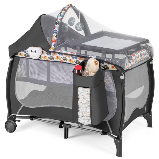 4-in-1 Baby Cot, Portable Cot Travel Cot with Foldable Mattress, Changing Table, Canopy, Play Arch & Music Box