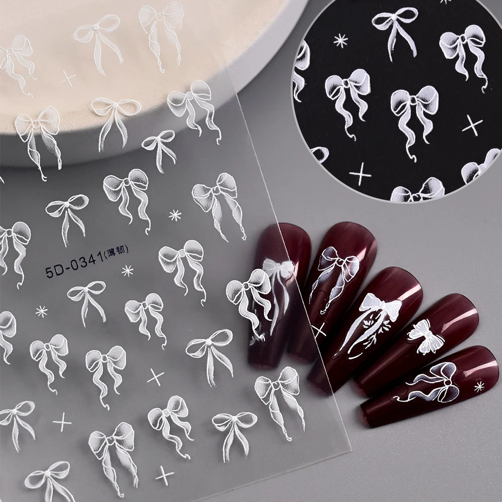 1pcs 5D White Lace Bowknot Nail Art Sticker Sweet Pearl  Bow Ribbon Self-Adhesive Nail Slider DIY Luxury Nail Decorations Decals