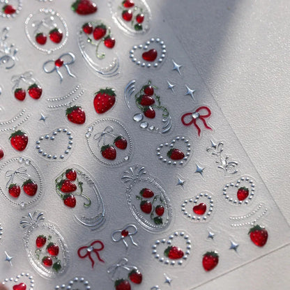 Lovely Red Fruit Strawberry Cherry Bowknot Love Heart Star Silk Ribbon 5D Nail Art Stickers Chic Self Adhesive Manicure Decal