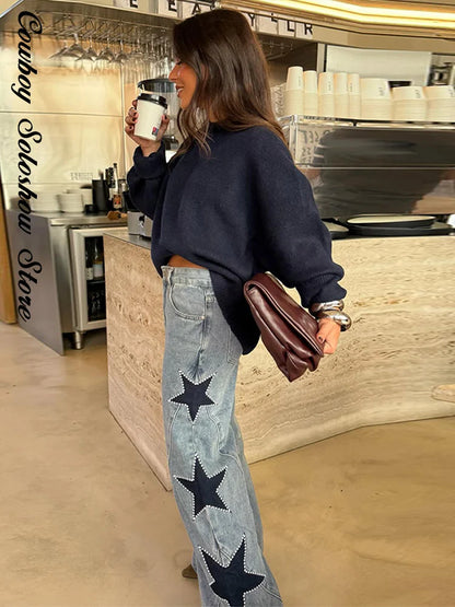 Female Vintage Leather Pocket Jeans Women Blue Zipper Straight Loose Trousers Lady New Fashion Daily Casual Spring Pants 2026