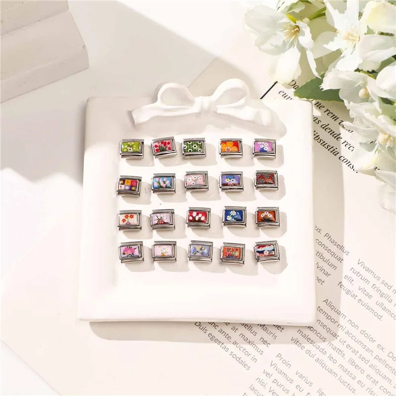 2025 Women's Fashion Colorful Flowers Oil Painting Style Series Italian Charms Fit 9mm Stainless Steel Bracelet DIY Jewelry Gift