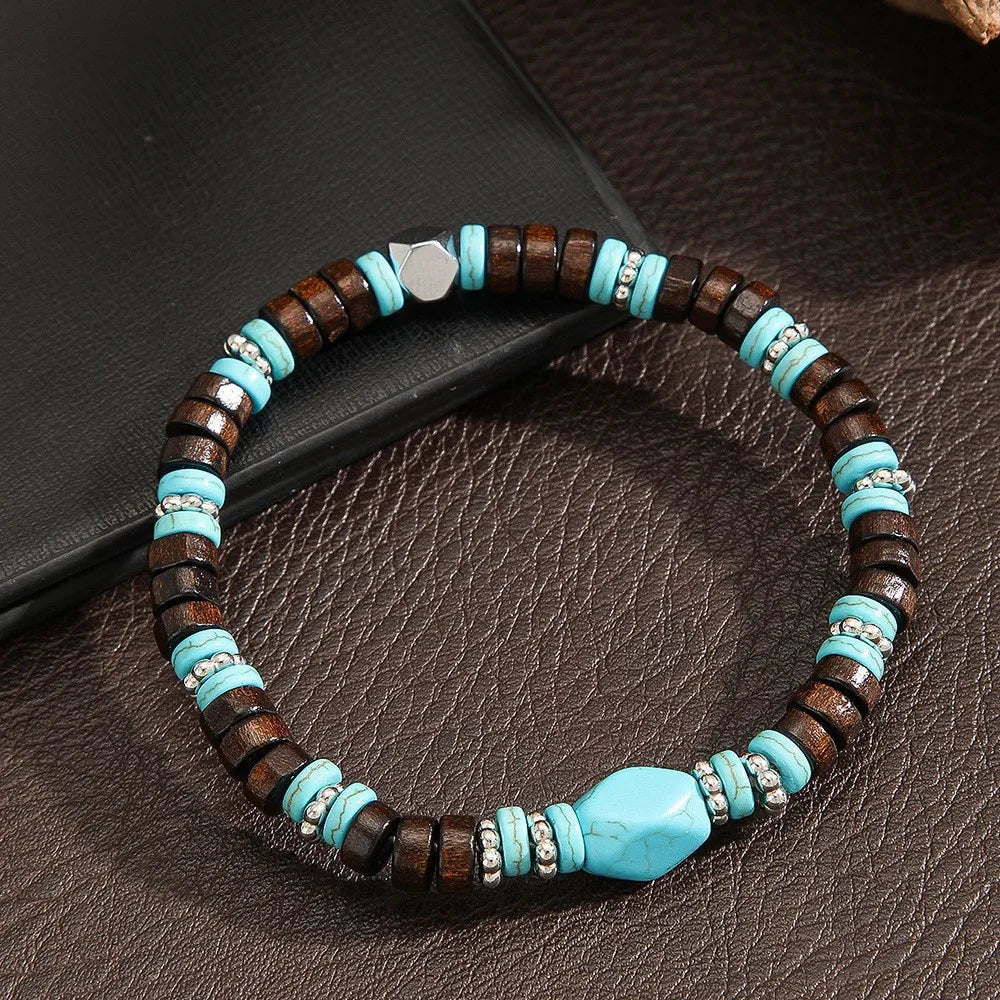 Retro Imitation Natural Blue Stone Bead Bracelet Fashion Men Summer Jewelry Trend Bohemian Accessories