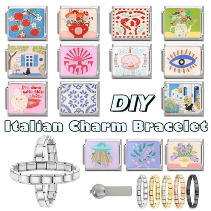 Fashion Drip Glaze Blue Eyes Colorful Butterfly Italian Charm Links Fit 9mm Stainless Steel Bracelet Jewelry DIY Making Beads