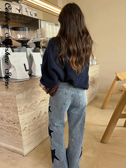 Female Vintage Leather Pocket Jeans Women Blue Zipper Straight Loose Trousers Lady New Fashion Daily Casual Spring Pants 2026
