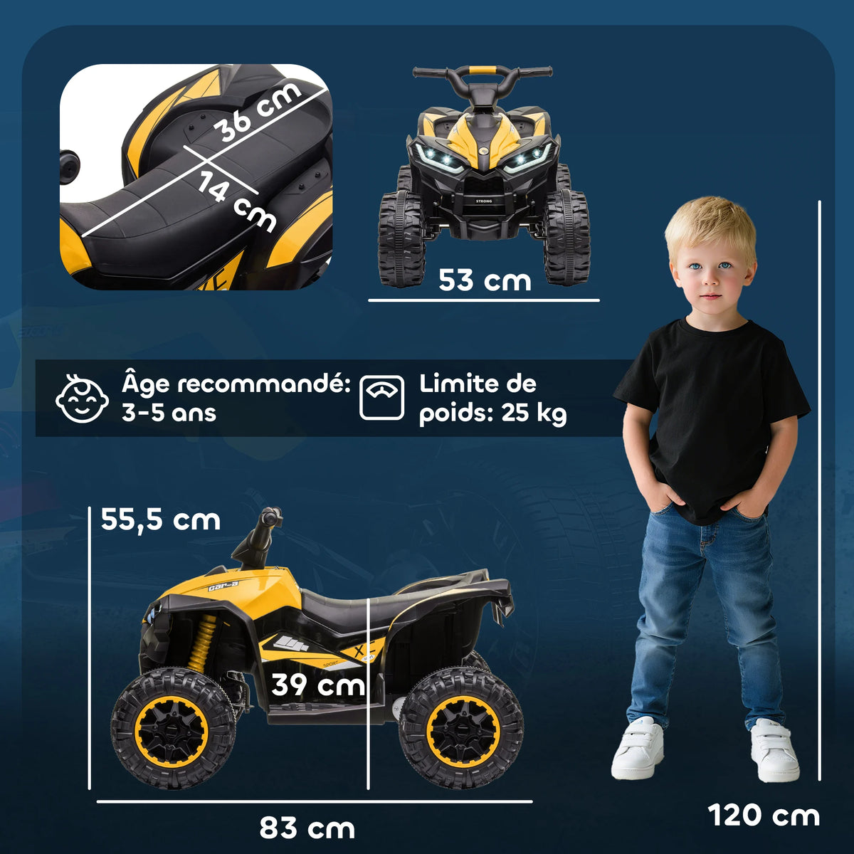 12 V electric quad for children, 2-motor electric car for kids with 2 speeds at 3–6 km/h, LED headlights and horn, suitable for 3–5 year-old children, ergonomic handle and seat, yellow