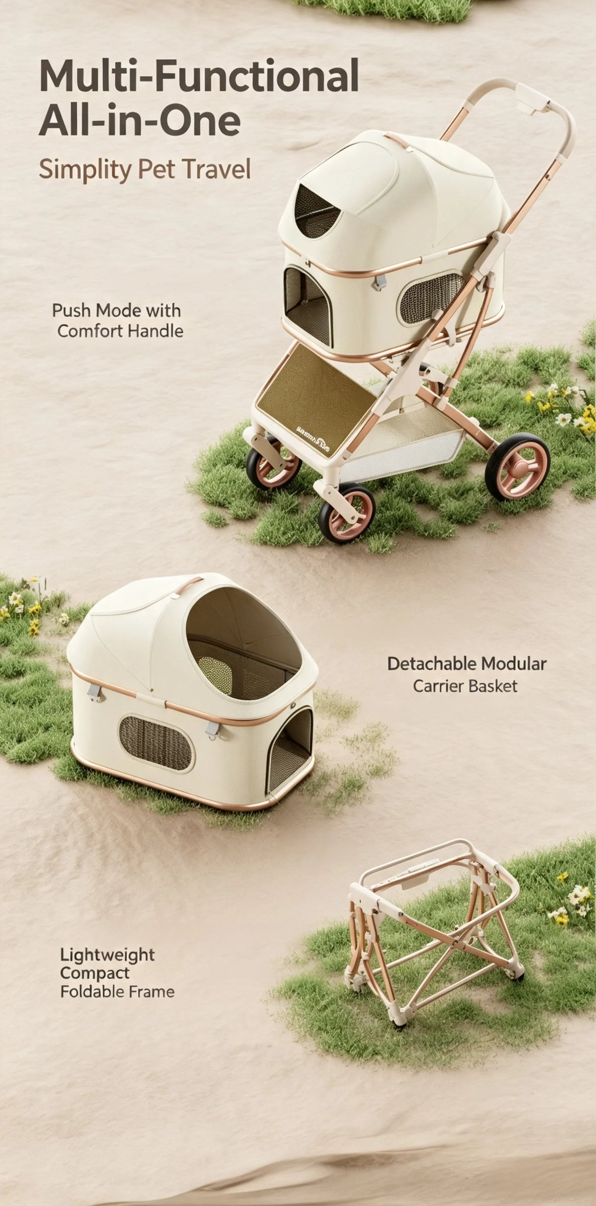 Aluminum Alloy Lightweight Pet Stroller Detachable Carrier One-Click Fold Shock Absorb Dog Cat Outdoor Travel Cart Wholesale