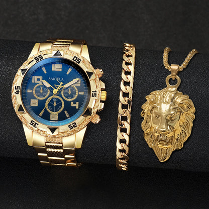 3PCS/Set Fashion Steel Band Men's Watches Arabic Dial Man Business Watches Jewelry Set Relogio Masculino（Box Not Included ）