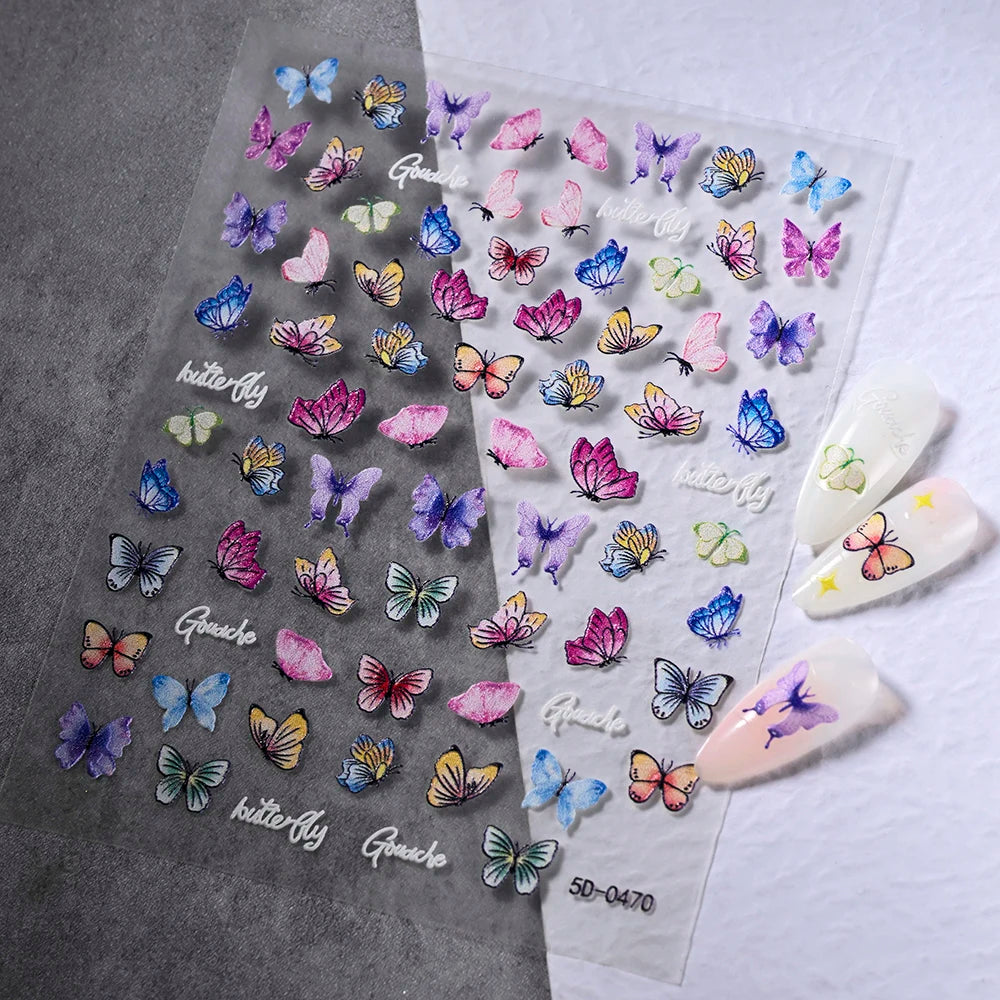 5D Hibiscus Flower Nail Embossed Sticker Acrylic Pink White Gold Petal Leaf Adhesive Decal Butterfly Dragon Floral Elegant Decor