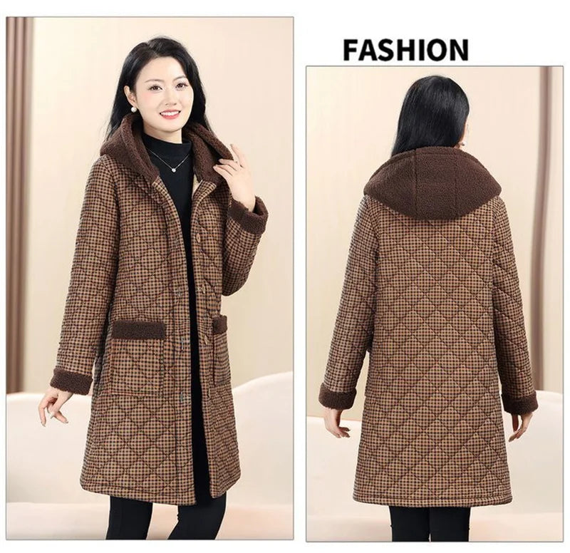 Winter Coat New Vintage Velvet And Thickening Single breasted Cotton Coat for Women Fit Cotton Clip Warm Long Parka Plaid Coat