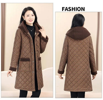Winter Coat New Vintage Velvet And Thickening Single breasted Cotton Coat for Women Fit Cotton Clip Warm Long Parka Plaid Coat
