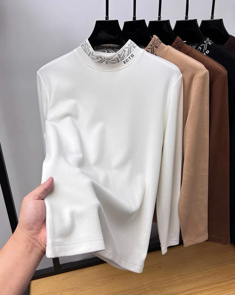 High quality men's semi high neck velvet sweater long sleeved warm T-shirt autumn winter fashionable embroidery casual pullover