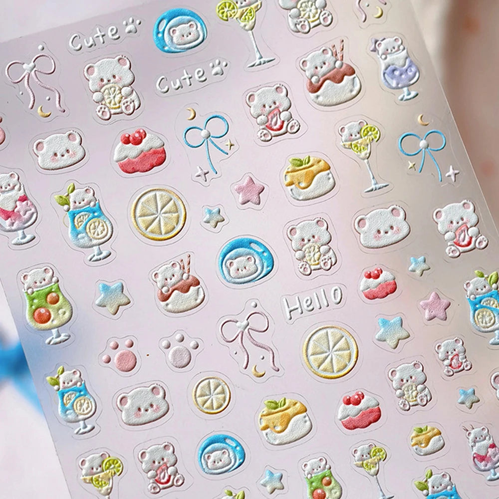 5D Pudding Jelly Dessert Fruit Cherry Pink Claw Print Bowknot Tie knot Love Heart Stars Nail Art Sticker Adhesive Manicure Decal