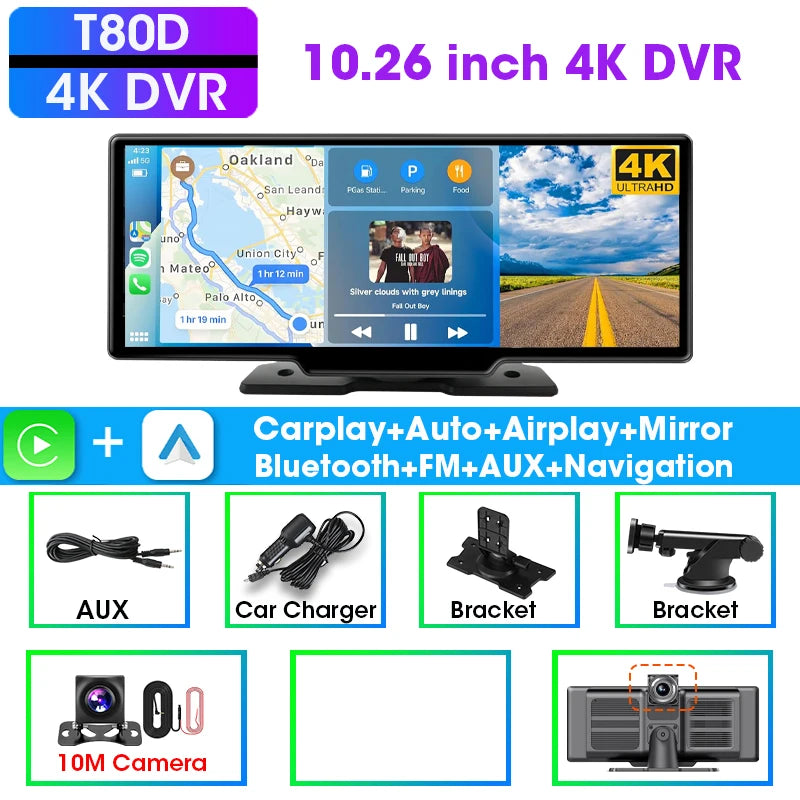 7/10.26" Wireless Carplay Screen for Car,5G Wifi Dash Cam 4K Car DVR,Android Auto Dual Lens GPS Navigation Video Recorder,FM AUX