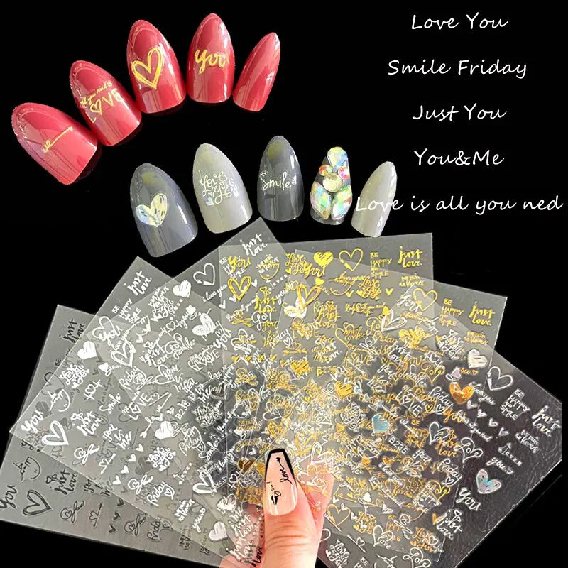 6Pcs/Pack Laser Gold Silver 3D Nail Art Stickers Love Heart Letter Image Nail Decoration Ins Style Sticker DIY Foils Accessories