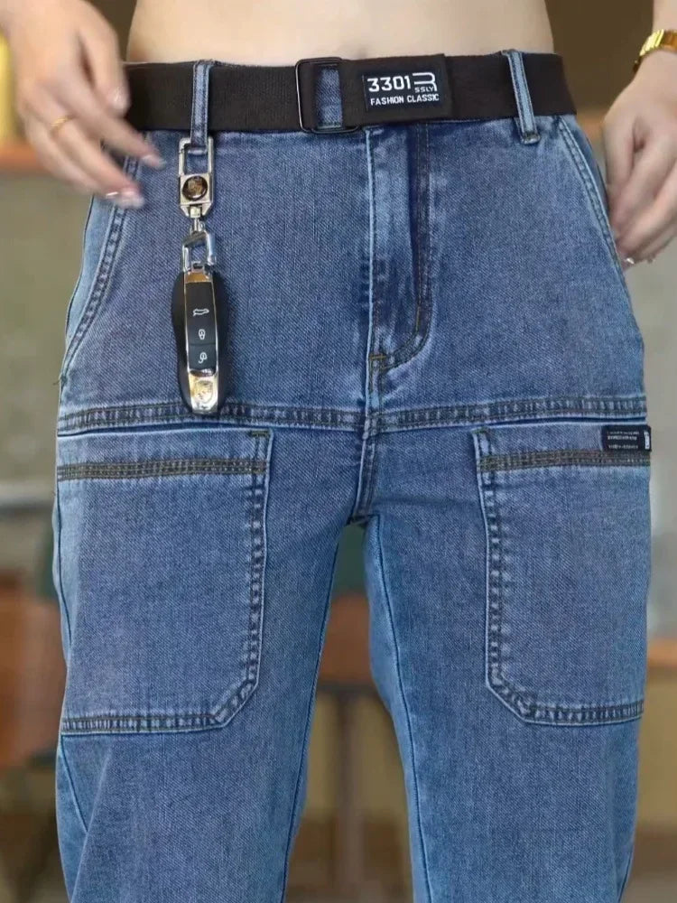 Spring Summer Thin Six Pocket Men's Jeans Elastic Straight Leg Casual Slim Fit Jeans Versatile Multi-Pocket Long Y2K Denim Pants