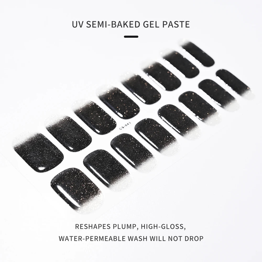 16Tips UV Semi-Cured Gel Nail Wraps Sticker 5D Pure Color Full Cover UV Lamp Gel Sticker Long-Lasting Nail Extension Patch Strip