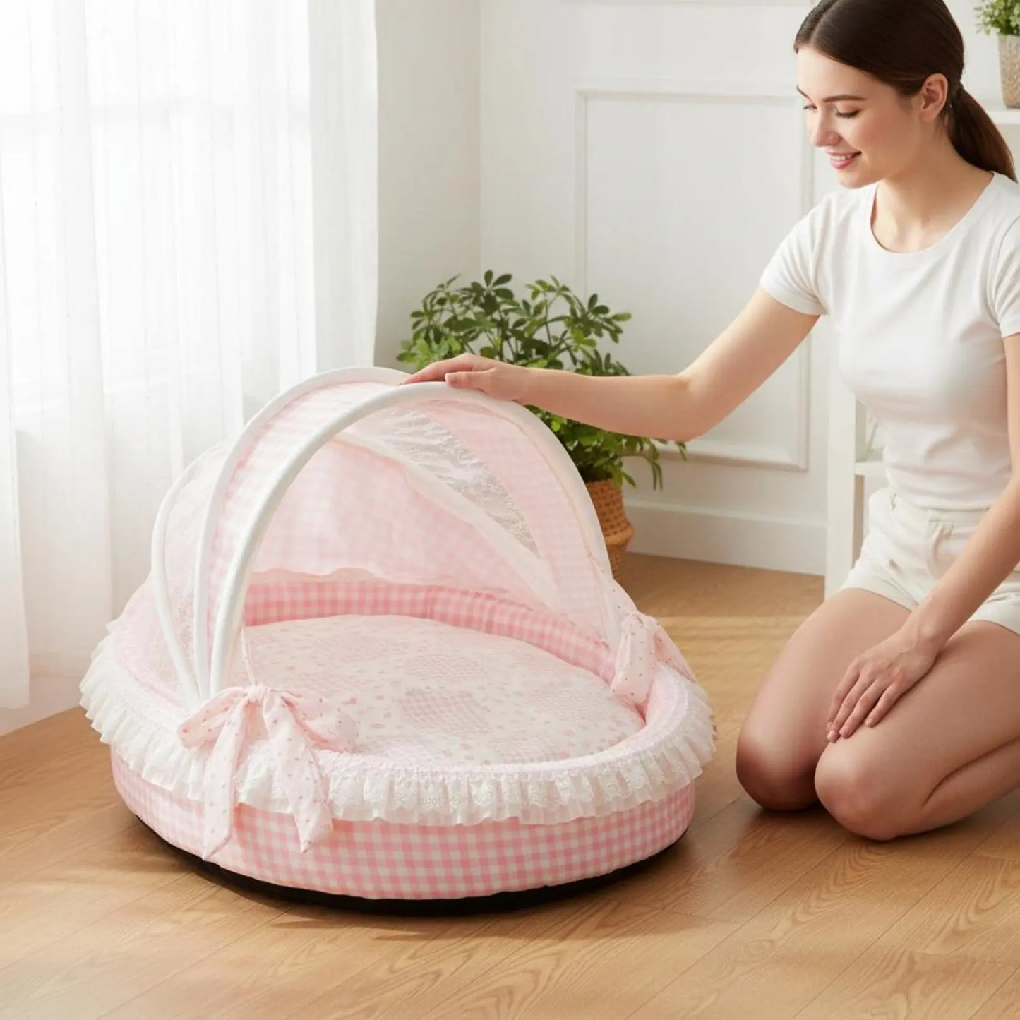 Princess Design Feline Bed Breathable Semi Enclosed Pet Bed Cradle Pet Nest Soft Lace Trim for Cats