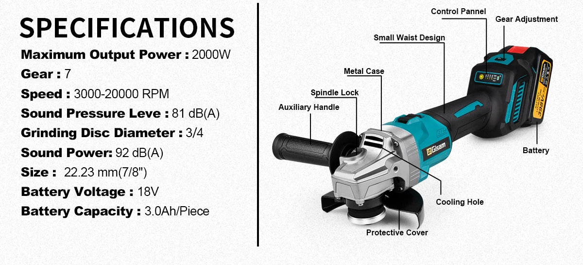125mm 7 Gears Brushless Angle Grinder Polishing Cutting Machine Electric Angle Grinder Power Tool for Makita 18V Battery Pins