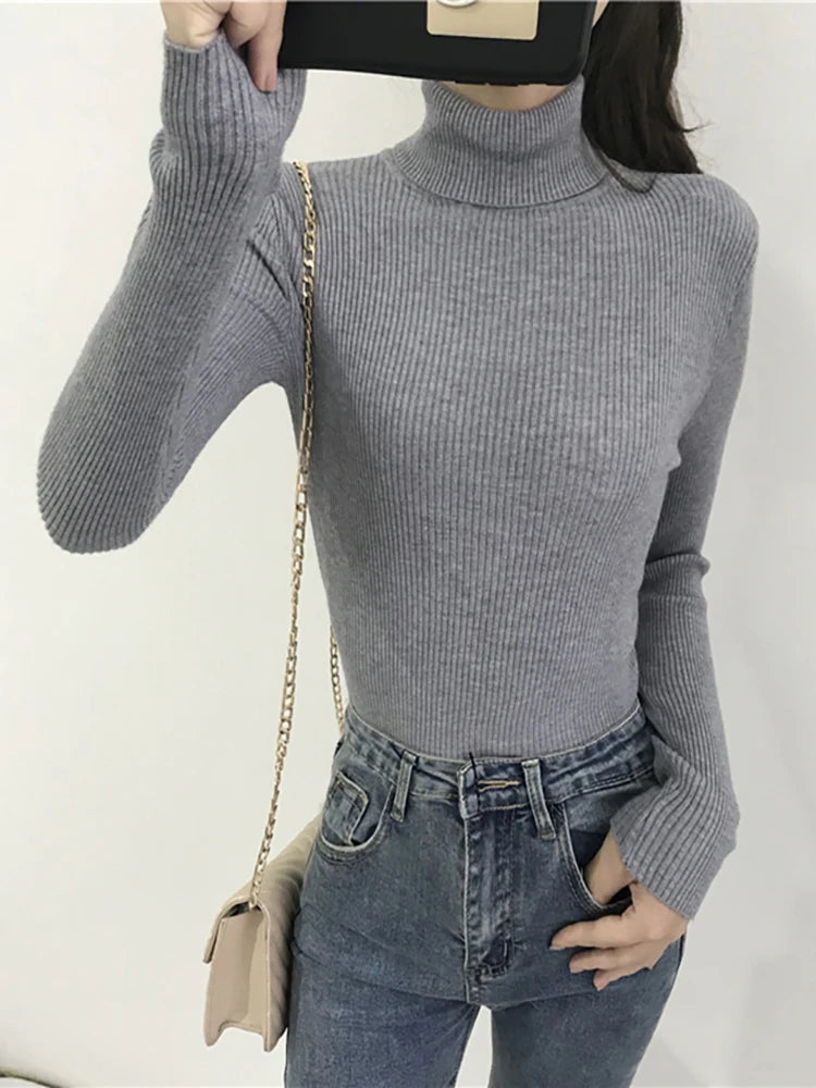 2026 Autumn Winter Sweater Women Knitted Ribbed Pullover Sweater Long Sleeve Turtleneck Slim Jumper Soft Warm Pull Femme