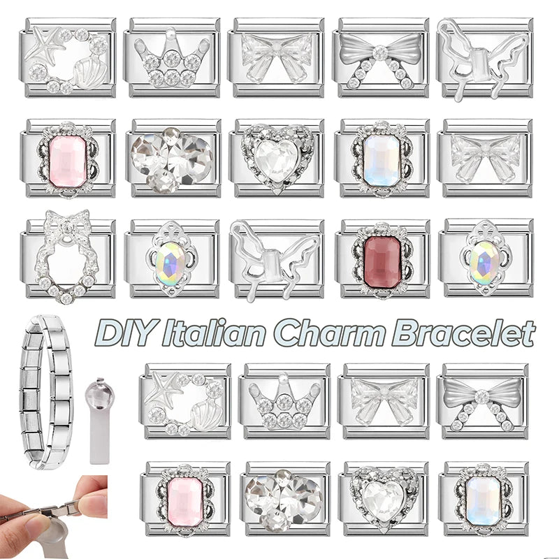 Y2K Butterfly Bow Knot Heart Star Moon Zircon Daisy Cross Italian Charm Links Fit 9mm Stainless Steel Bracelet DIY Making Gifts